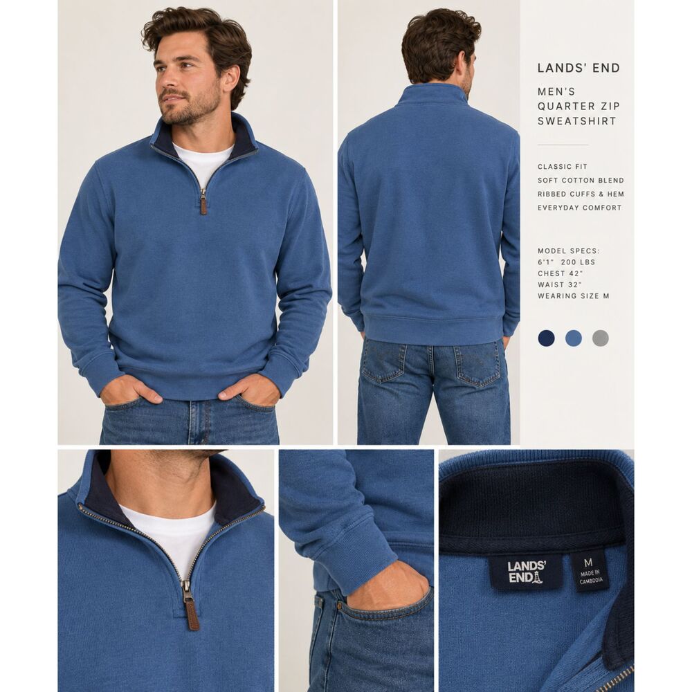 Lands' End Men's Bedford Rib Quarter Zip Sweater Sz M Blue Leather Zip Pull